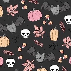 Sweet boho style halloween bats pumpkins and leaves halloween candy garden pink cream on charcoal gray night