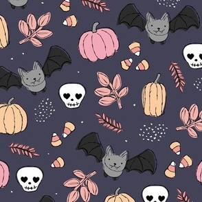 Sweet boho style halloween bats pumpkins and leaves halloween candy garden pink cream on purple