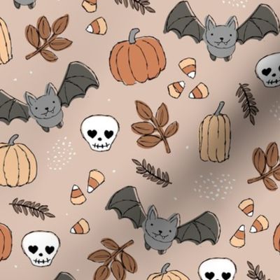 Sweet boho style halloween bats pumpkins and leaves halloween candy garden burnt orange beige on latte brown