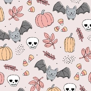 Sweet boho style halloween bats pumpkins and leaves halloween candy garden pastel cream apricot peach blush