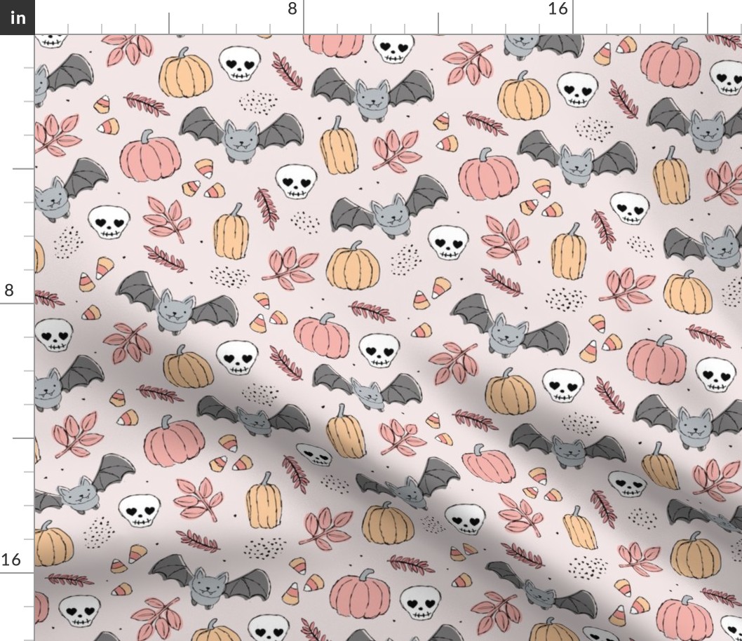 Sweet boho style halloween bats pumpkins and leaves halloween candy garden pastel cream apricot peach blush