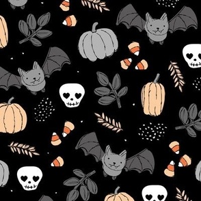 Sweet boho style halloween bats pumpkins and leaves halloween candy garden dark night black gray orange boys