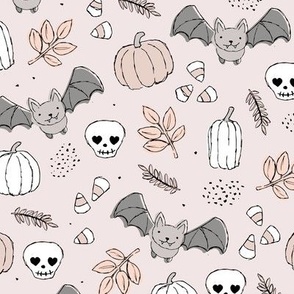 Sweet boho style halloween bats pumpkins and leaves halloween candy garden vintage pastel beige sand gray