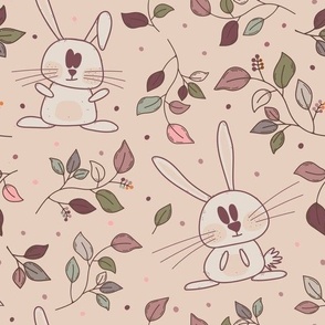 Adorable rabbits with autumn leaves and berries in pink colors