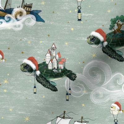  Christmas Nautical Fantasy Santa hats, santa whales, christmas narwhal, santa creatures,  sea turtles, winter lanterns, clouds and stars, winter holiday home decor, kids fabric, whimsical chirstmas, gender neutral kids, unisex Christmas, Santa hat creatu