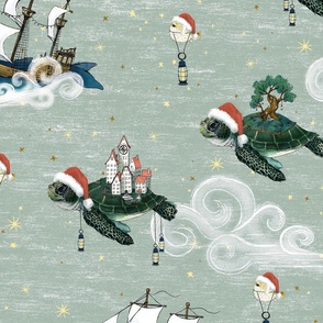 Large Christmas Nautical Fantasy Santa hats, santa whale, santa narwhal,  sea turtles, lanterns, clouds and stars, winter holiday home decor, kids fabric, whimsical chirstmas