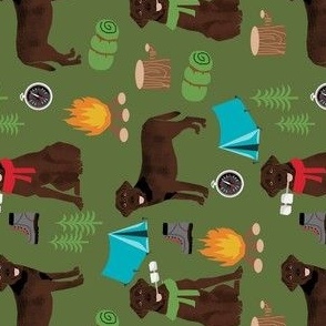 chocolate labrador dog camping pattern fabric - dog fabric,  pattern, labrador fabric, camping fabric, dog design - green