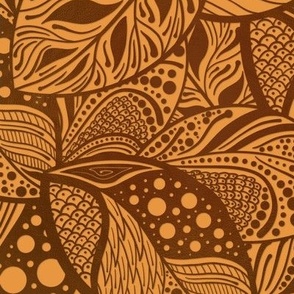 Copper Autumn Leaves Stylized and Patterned on Rust Brown