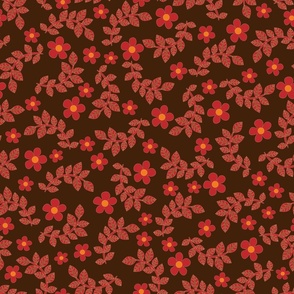Branches of red plants, red flowers, brown background.