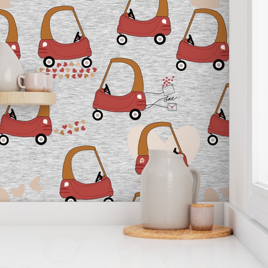 Cozy Valentine Cars / Gray Melange Texture - Valentine's Day