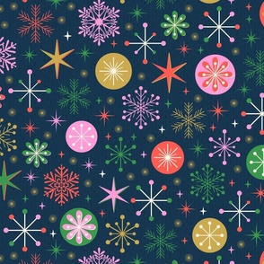 Retro Modern Snowflakes on Dark Blue Background