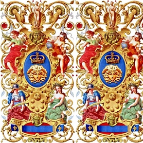 medusa coat of arms herald red gold green blue yellow crowns Venus goddesses flowers floral filigree leaves leaf baroque Victorian neoclassical Athena warrior armor oyster shell flourish swirls panthers half naked women nudes Roman Greek Grecian ornate gr