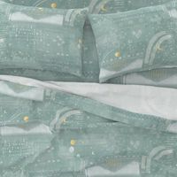 Aztec Vista in Sea Mist (xl scale) | Mountains in pale teal, white and gold, Aztec patterns, celestial, night sky with planets, moon and stars, geometric, Aztec block print.