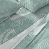 Aztec Vista in Sea Mist (xl scale) | Mountains in pale teal, white and gold, Aztec patterns, celestial, night sky with planets, moon and stars, geometric, Aztec block print.