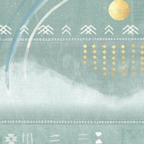 Aztec Vista in Sea Mist (xl scale) | Mountains in pale teal, white and gold, Aztec patterns, celestial, night sky with planets, moon and stars, geometric, Aztec block print.