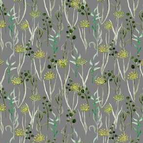 Hand drawn watercolour wildflowers and plants on a grey background.