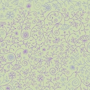 Purple flower doodles on soft green