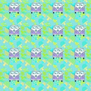 Purple camper vans on lime and aqua psychedelic mushrooms 