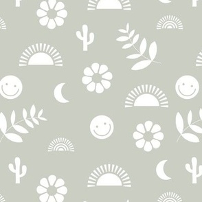 Boho smiley and leaves little sunshine and rainbows design for rainbow kids white on mist green