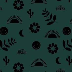 Boho smiley and leaves little sunshine and rainbows design for rainbow kids black on forest green