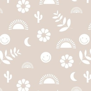 Boho smiley and leaves little sunshine and rainbows design for rainbow kids white on beige sand
