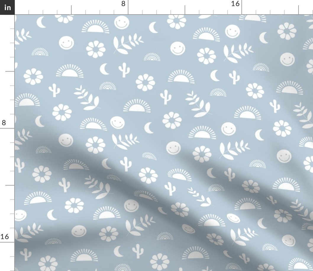 Boho smiley and leaves little sunshine and rainbows design for rainbow kids white on soft baby blue