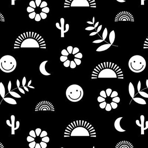 Boho smiley and leaves little sunshine and rainbows design for rainbow kids monochrome black and white