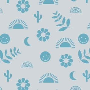 Boho smiley and leaves little sunshine and rainbows design for rainbow kids seventies blue on gray
