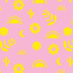 Boho smiley and leaves little sunshine and rainbows design for rainbow kids neon yellow on pink