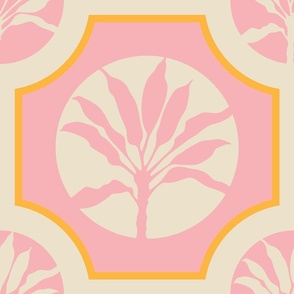 MAROC Tropical Ti Exotic Botanical Plants Geometric Mosaic Tiles in Pastel Pink Yellow Cream - LARGE Scale - UnBlink Studio by Jackie Tahara