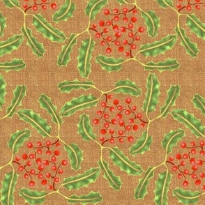 Holly with Berries on Brown Linen Look