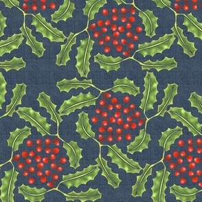 Holly with Berries on Blue