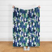 Large jumbo scale // Geo forest // oxford navy classic and electric blue pine and jade green geometric triangular pine trees