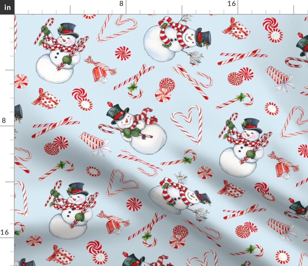 Snowmen and Peppermints on Blue