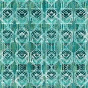 Geometric Deco Mist -- Aqua over Dark Aqua Geometric Art Deco – 171dpi (88% of Full Scale)