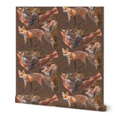 6x6-Inch Half-Drop Repeat of Multidirectional Young Foxes on Oak Brown Background