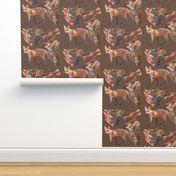 6x6-Inch Half-Drop Repeat of Multidirectional Young Foxes on Oak Brown Background