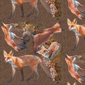 6x6-Inch Half-Drop Repeat of Multidirectional Young Foxes on Oak Brown Background