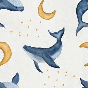 watercolor whales on grey with stars and moon [5]