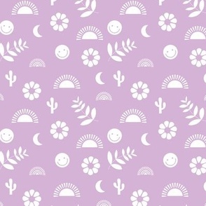 Boho smiley and leaves little sunshine and rainbows design for rainbow kids white on lilac purple SMALL