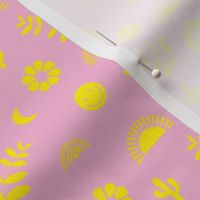 Boho smiley and leaves little sunshine and rainbows design for rainbow kids neon yellow on pink SMALL