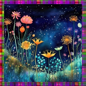 PANEL MEADOW FLOWERS AT NIGHT MADRAS PLAID 9 FLWRHT