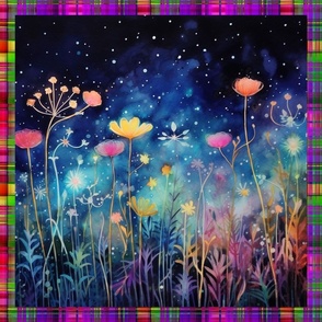 PANEL MEADOW FLOWERS AT NIGHT MADRAS PLAID  FLWRHT