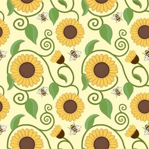 Art nouveau fluffy sunflowers on lemon yellow