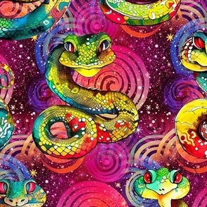 FUN PSYCHEDELIC SNAKES ON SWIRLS SUNSET RAINBOW RED PINK FLWRHT