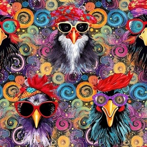 FUN PSYCHEDELIC CHICKEN ON SUNNY SWIRLS MULTICOLOR RAINBOW FLWRHT