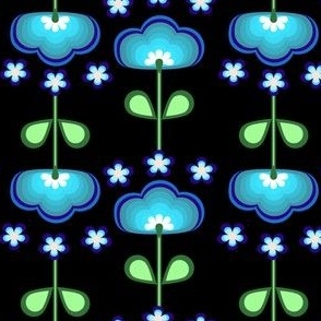 Mid Century Modern Scandi Geometric Blue Flower on Black  60s 70s