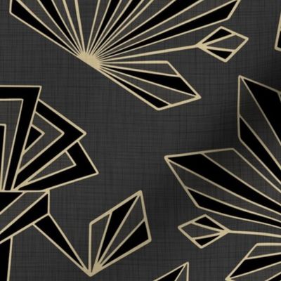 Art Deco Geometric -Large - Linen-Texture - Black, Gold, Grey,