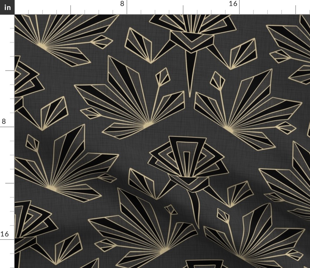 Art Deco Geometric -Large - Linen-Texture - Black, Gold, Grey,