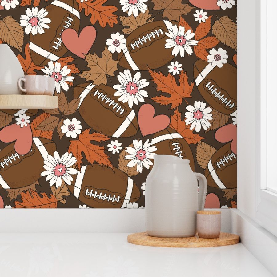 Football Fall and Florals Brown - extra large scale